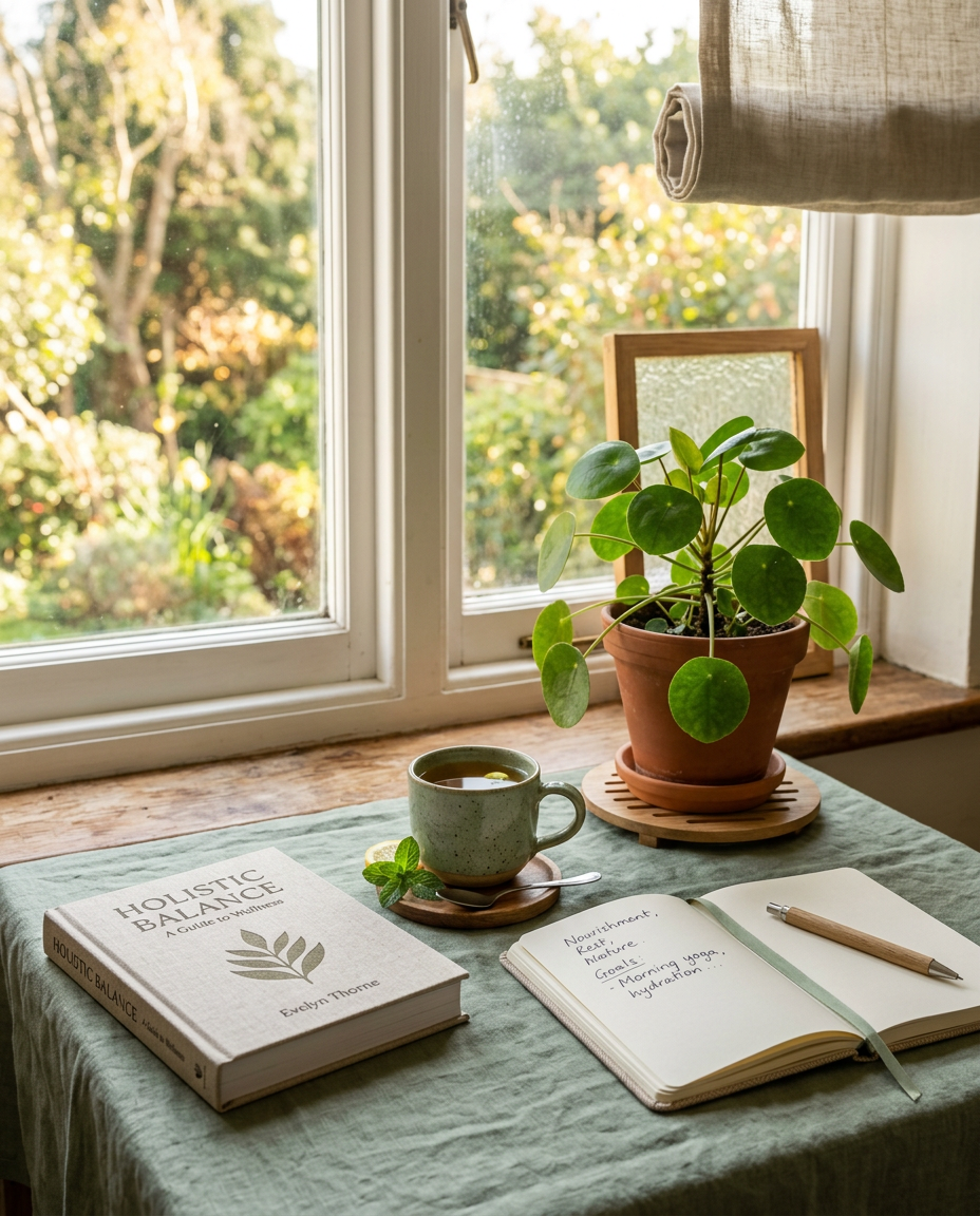 A wellness book, tea and a plant by a sunny window