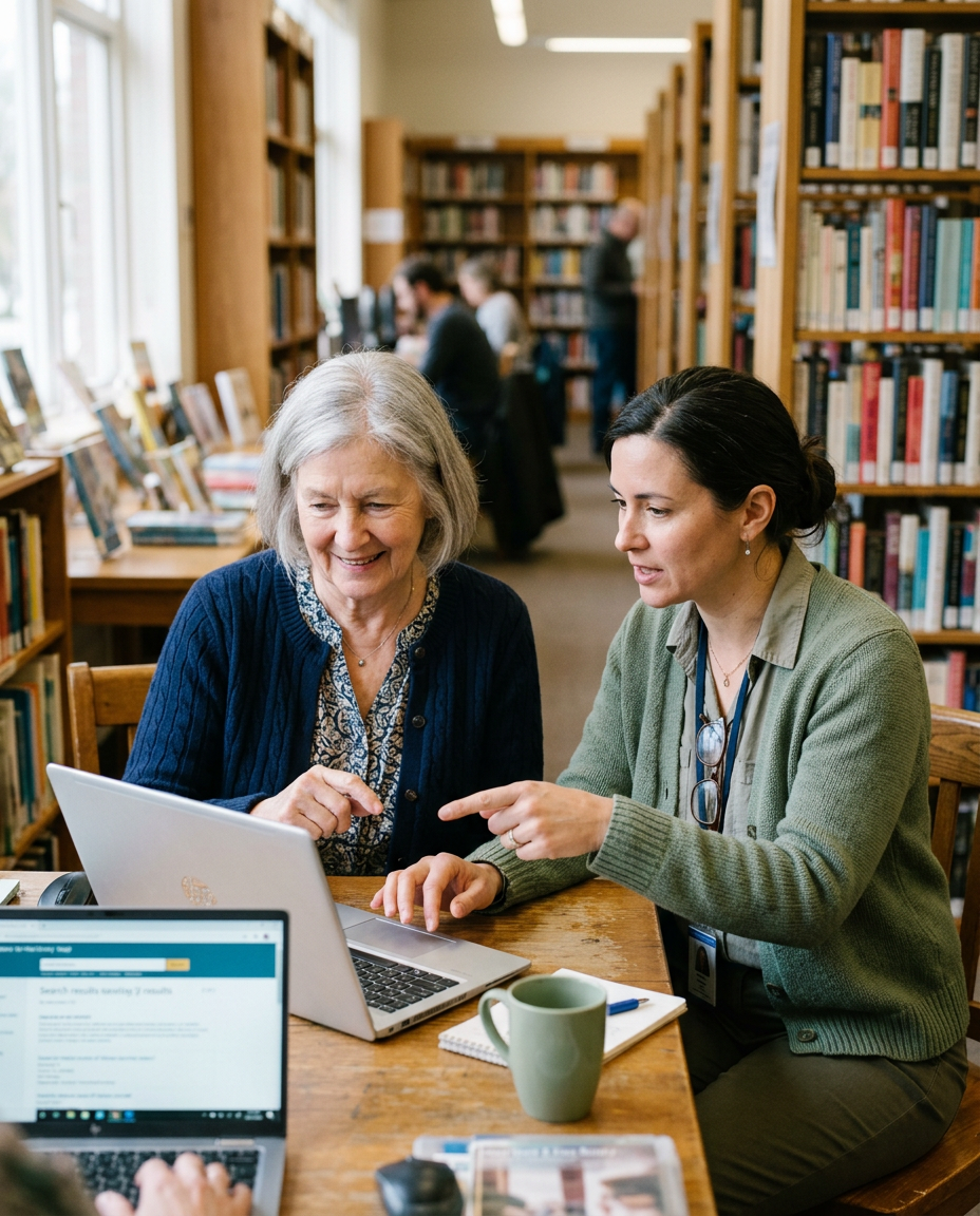 A librarian helping a patron on a laptop
