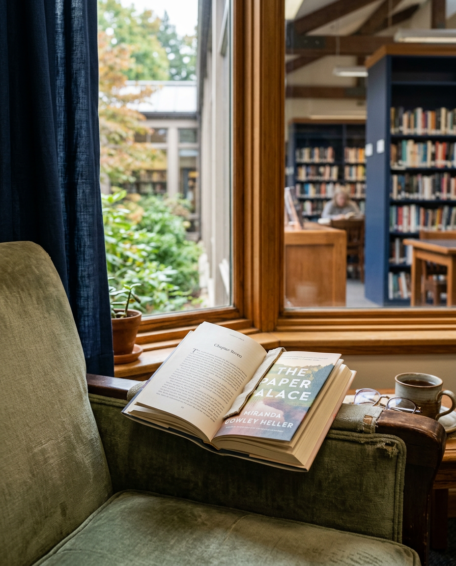 An open book on a reading chair in a library