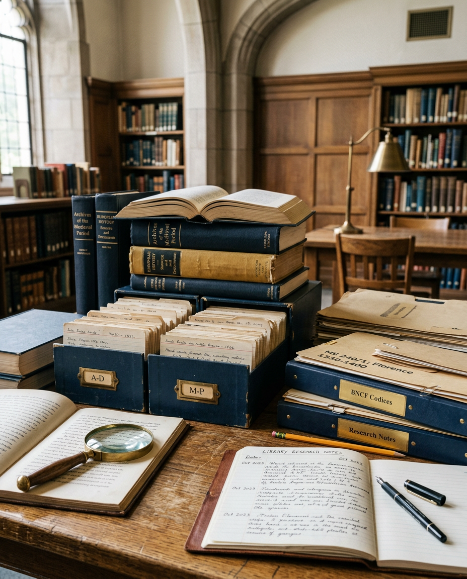 A research table with reference books and index cards