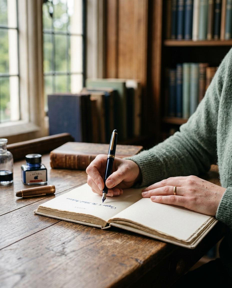Hands writing in a notebook at a library desk